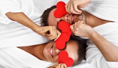 Picture of adult happy couple relaxing in spa salon